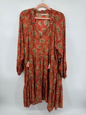 Roller Rabbit Cottagecore Western Boho Rust Floral Tassel Tiered Dress SzXL‎